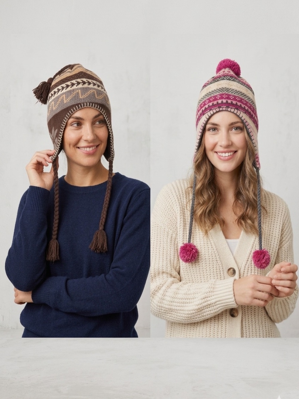 Earflap Beanie(2) Hat Unisex O/S Brown Pink Fair Isle Stripes Knit Winter Wear